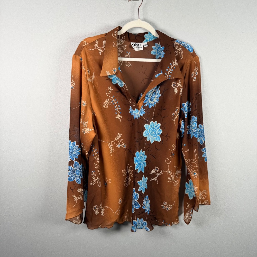 Over & Under O&U 20W Brown Blue Floral Sheer V-Neck Blouse Vintage Made in USA